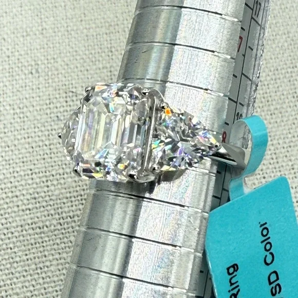 7.40 CTW Moissanite Three Stone Asscher Cut Ring 925 Silver Size 8 NWT - Picture 9 of 17